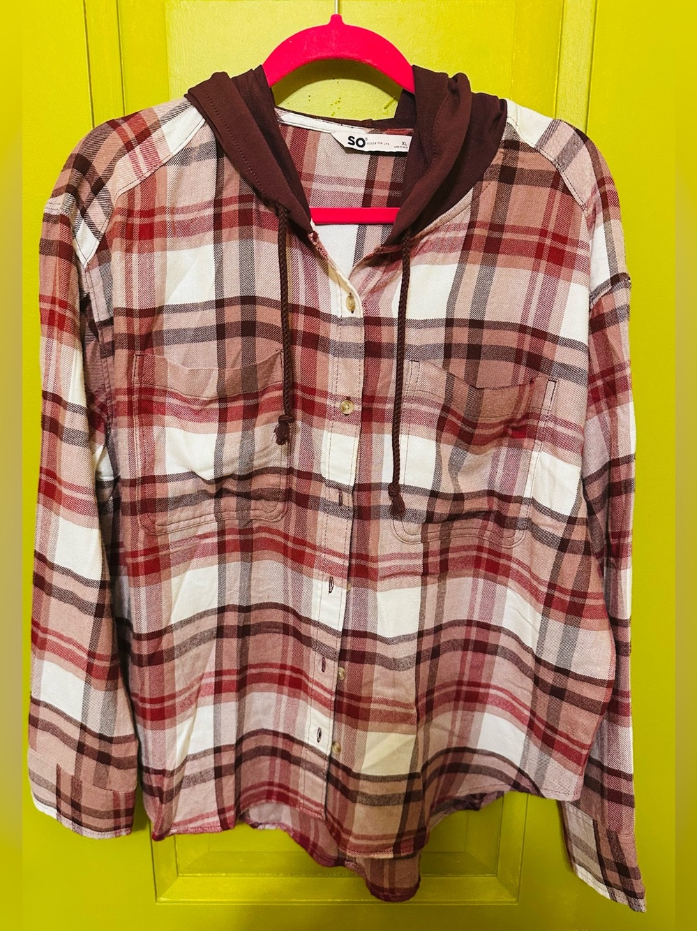 SO Red Burgundy Plaid Hooded Button-Up Shirt